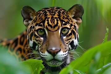 Fototapeta premium Close up of a jaguar peering through dense foliage showcasing its intense gaze and detailed fur in natural light