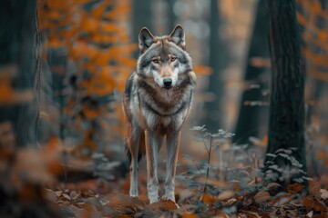 Obraz premium Majestic wolf standing in forest with autumn leaves