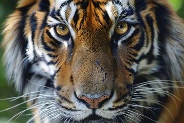 Obraz premium Close up of a tigers face capturing its intense gaze and detailed fur in a natural setting