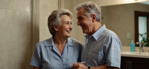 Happy senior couple standing in bathroom with toothbrushes in hands and smiling at each other