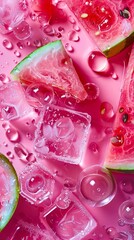 Watermelon slices on a pink background with water drops.