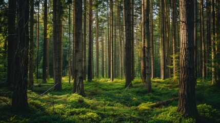 Fototapeta premium Bright and vibrant forest scene featuring tall, slender trees surrounded by lush green vegetation, illuminated warmly by sunlight creating an inviting and serene atmosphere.