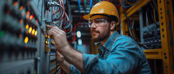 An engineer in a hard hat and safety glasses carefully works on a complex system within a modern data center