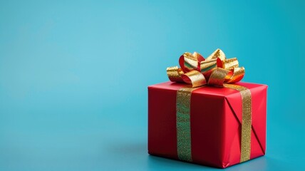 Obraz premium Red gift box with gold ribbon and bow against blue background