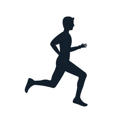 Running man black silhouette. Isolated on white background. Young attractive male. Glyph sports and fitness. Vector illustration flat design.
