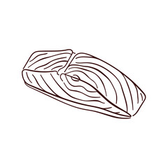 Salmon piece in line art style. Steak slice. Fresh product. Hand drawn design for sea food restaurant menu, cooking recipe, product package. Vector illustration isolated on a white background.