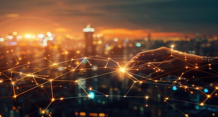 Fototapeta premium Hand Reaching for Digital Connections over Cityscape