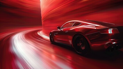 Sleek red sports car driving fast through futuristic tunnel with dynamic lighting