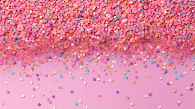 A festive image filled with multi-colored confetti set against a dominant pink background. Ideal for parties, celebrations, and joy-filled events.