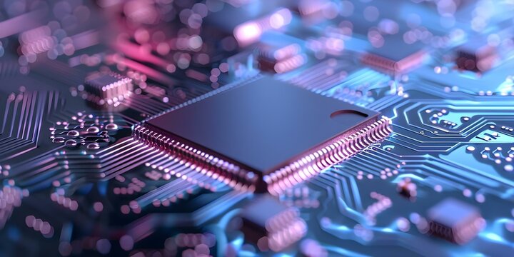 Pulsating Energy Neon Lines on Circuit Boards in the Vision of Quantum Computing. Concept Quantum Computing, Neon Lines, Circuit Boards, Pulsating Energy, Vision