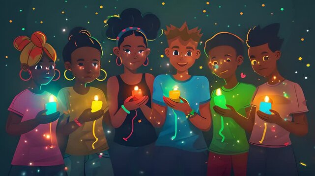 Animated video of six friends holding candles at night