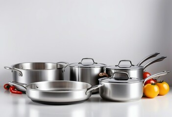 steel cookware  and pan on white background, copy space for text, ad shot. 
