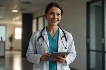 Healthcare, woman or nurse with tablet for research, medical info or diagnosis results with smile. Hospital, female physician and digital for report, online consultation