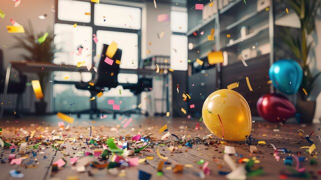 office confetti Year Cleaning floor New party after aftermath air background balloon care celebration chaos christmas cleaner container corporate december decor dirty enjoyment event.