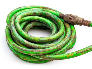 coiled garden hose with spray nozzle, isolated on a white background to showcase its role in watering gardens and fields.