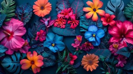 Tropical Flower Arrangement in Vivid Colors, Flat Lay on Teal Background. Floral Design, Nature Concept, Summer Vibes, Bright Colors, Nature Inspiration.