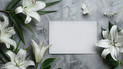 Minimalist design with white lilies on gray cement background Boho loft style with blank sheet framed by flowers © The 2R Artificiality