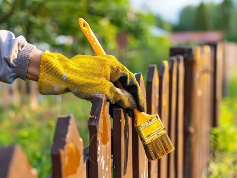 person painting a fence, house exterior, or shed, with paint cans, brushes, and drop cloths visible under a bright summer sky.