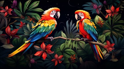 Obraz premium This night scene captures two brightly colored parrots perched on a branch surrounded by lush tropical flowers and greenery, emphasizing the serenity and beauty of a tropical night.