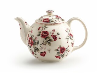 porcelain teapot with floral patterns and a delicate spout, placed on a white surface to emphasize its vintage tea-serving charm.