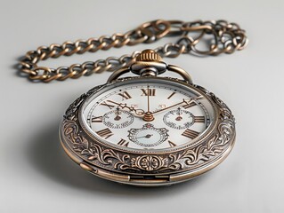 classic pocket watch with intricate engravings and a chain, positioned on a white surface to highlight its timeless design.