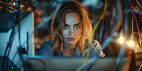 Obraz premium Woman working at computer with wires symbolizing technology connectivity or remote work. Concept Technology Connectivity, Remote Work, Working Woman, Computer Wires, Digital Lifestyle