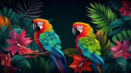 Obraz premium Image of two vibrant parrots perched among bright tropical foliage, displaying stunning green, blue, and red feathers, surrounded by an array of colorful flowers and lush greenery.