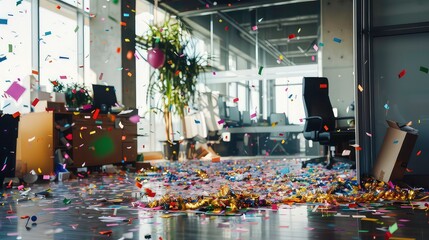 office confetti Year Cleaning floor New party after aftermath air background balloon care celebration chaos christmas cleaner container corporate december decor dirty enjoyment event.