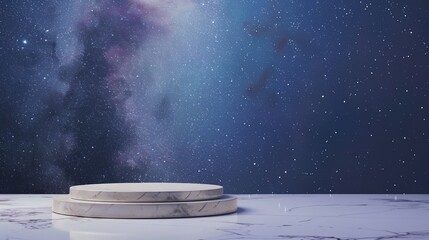 a round object sitting on top of a marble counter top under a night sky filled with stars