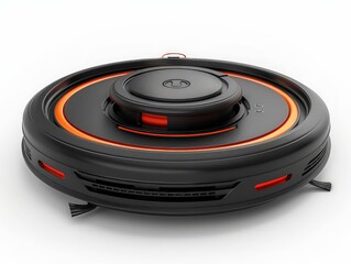Fototapeta premium Robotic vacuum cleaner with sensors and charging dock, isolated on white background to emphasize automated cleaning features.