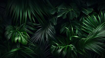 An assortment of lush green tropical leaves, richly detailed and overlapping against a dark, contrasting background, highlighting the diverse beauty of jungle flora.