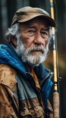 Obraz premium Canadian man with a fishing rod, looking ready