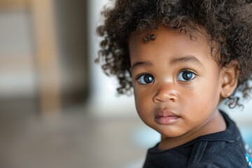 Closeup of a cute toddler with big eyes and curly hair looking at the camera