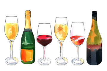 Wine and champagne, glasses and bottles. Food illustration sketch watercolor ink