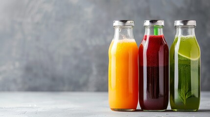 three bottles of juice are lined up on a table with a gray background