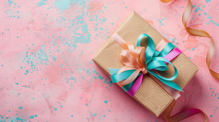 An attractive present box with a colorful ribbon lies on a pink surface, seen from above. There is room for your own message.