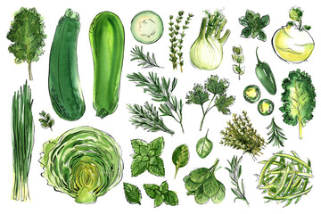 Green vegetables and herbs. Food illustration sketch watercolor ink