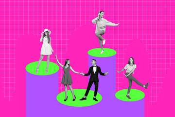 Creative collage young people disco clubbing funky dance party gentleman woman have fun festive event feast holiday weekend celebration