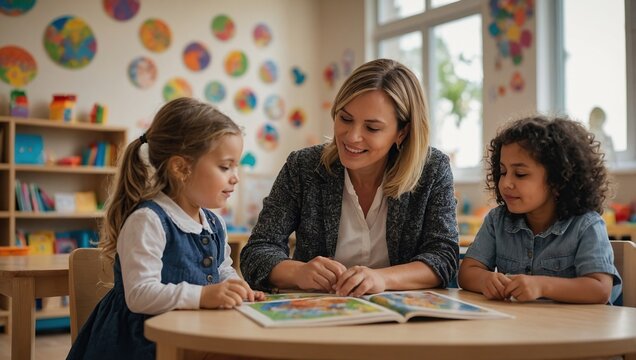 Kindergarten, teacher and reading a story to children in montessori school, classroom and learning. Kids, fairytale and woman teaching language in fantasy with creativity in preschool education