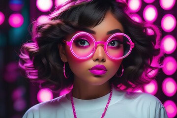 Close-up of a girl in huge round glasses image of perfection in a distinctive neon colour scheme