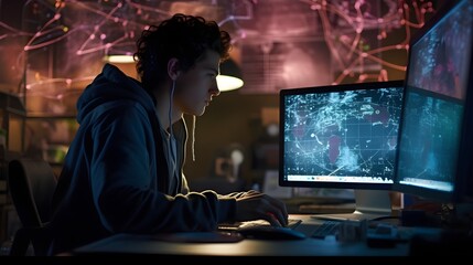 A student immersed in digital learning, surrounded by gadgets and study materials