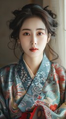 Korean woman in traditional attire, looking poised