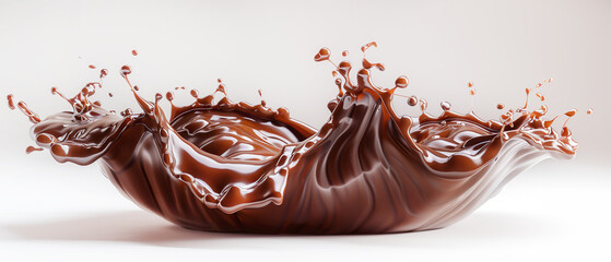 3D rendering of waves and splashes of brown melted chocolate isolated on white background