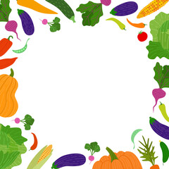 Vegetables frame. Empty square template for fresh food market. Veggies farm harvest vector illustration