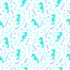 Childrens cute background. Childrens cute animals. Sleepy seahorse and seaweeds seamless pattern. Underwater life vector illustration