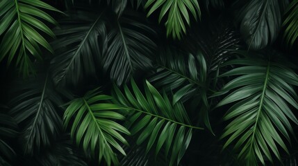 A serene scene of dark green tropical leaves, emphasizing the tranquility and beauty of nature's lush greenery in a calm and peaceful environment.
