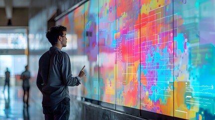Fototapeta premium Businessperson Utilizing Digital Whiteboard in Modern Office Showcasing Creativity and Innovation