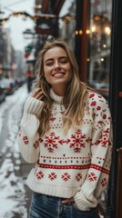 Fototapeta premium Dutch woman in a festive holiday sweater, looking joyful