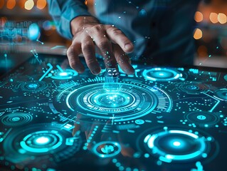 Businessperson Interacting with Futuristic Touch Screen Interface Depicting Innovation and Technology