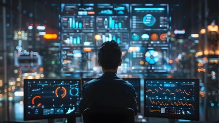 Businessman Analyzing Futuristic Financial Data and Market Trends in Illuminated High Tech Office